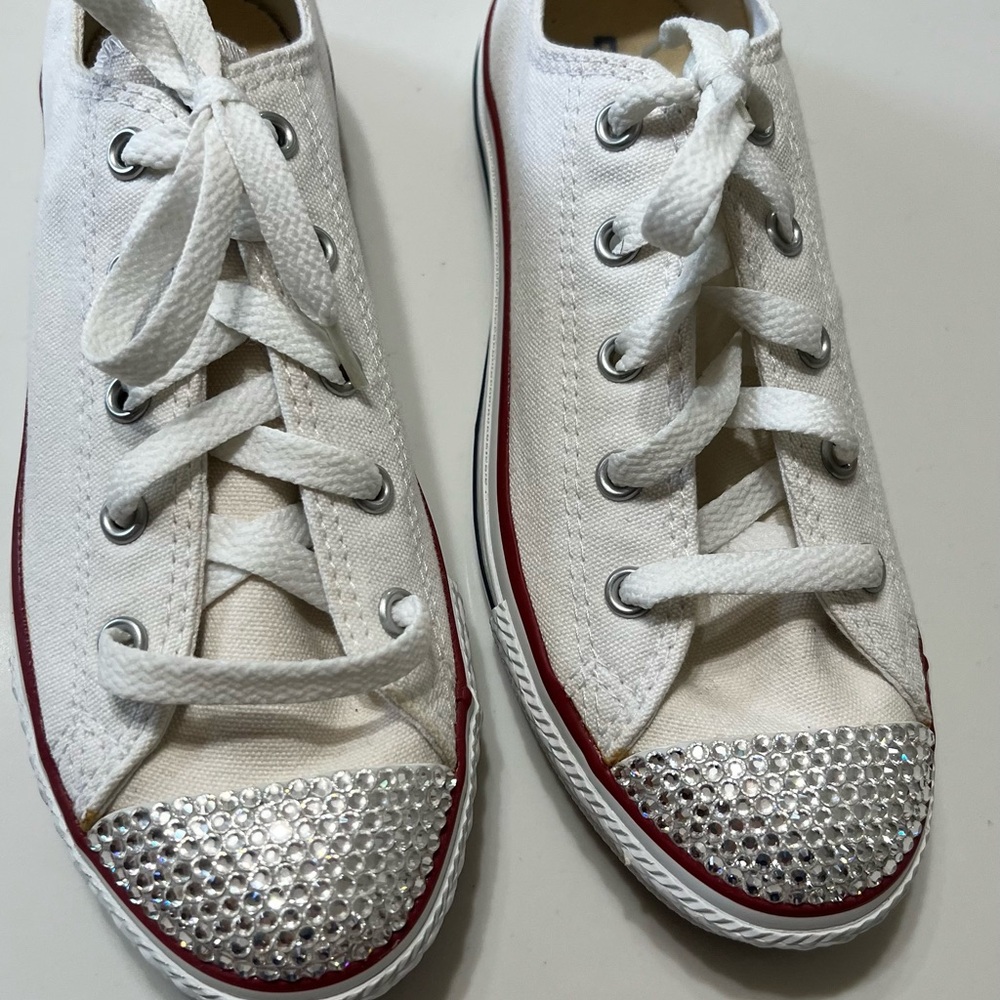 Converse White All Star Sneakers with Silver Swarovski Crystals, kid’s size 3